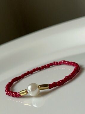 Red Beaded Pearl Accent Bracelet - Unbranded